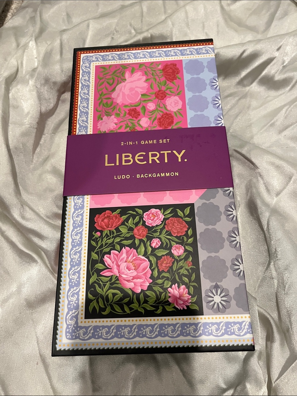 LIBERTY Floral Ludo & Backgammon Set - Pink, Purple, Green travel game set